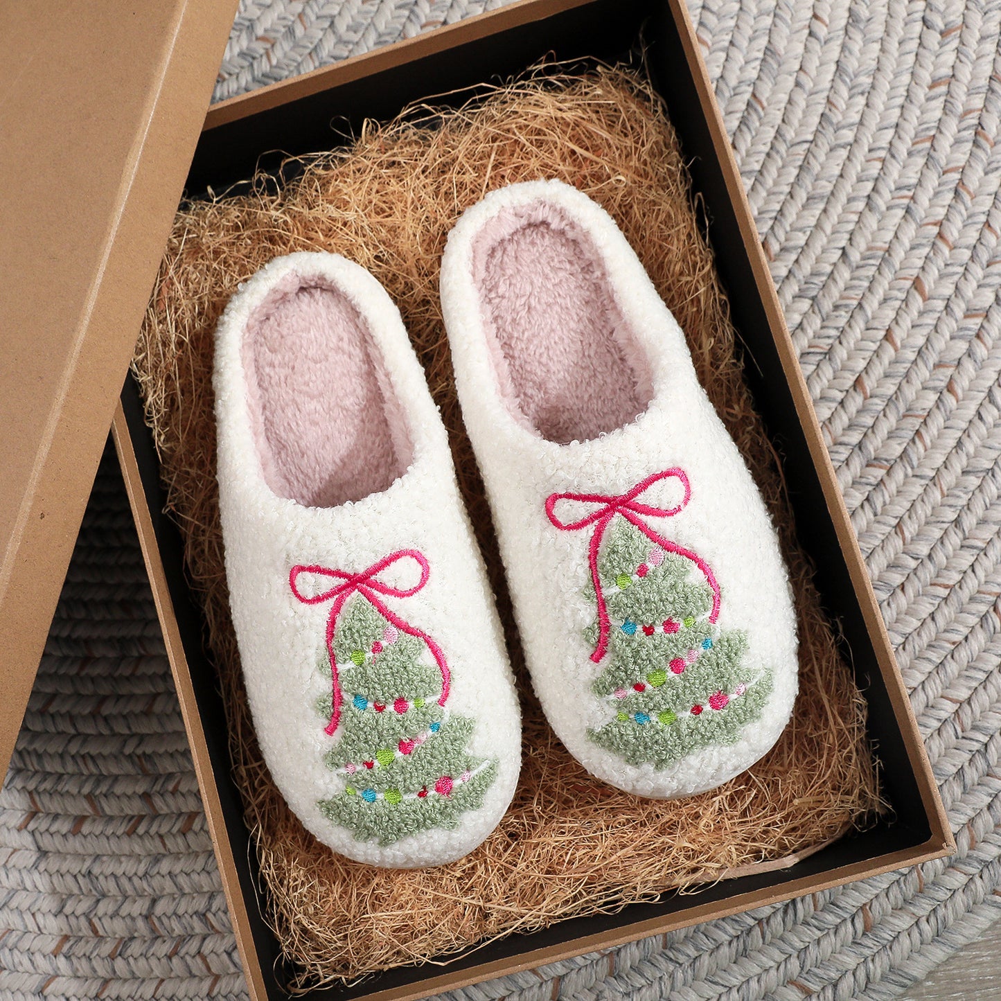 Fashion Bowknot Christmas Tree Cotton Slippers